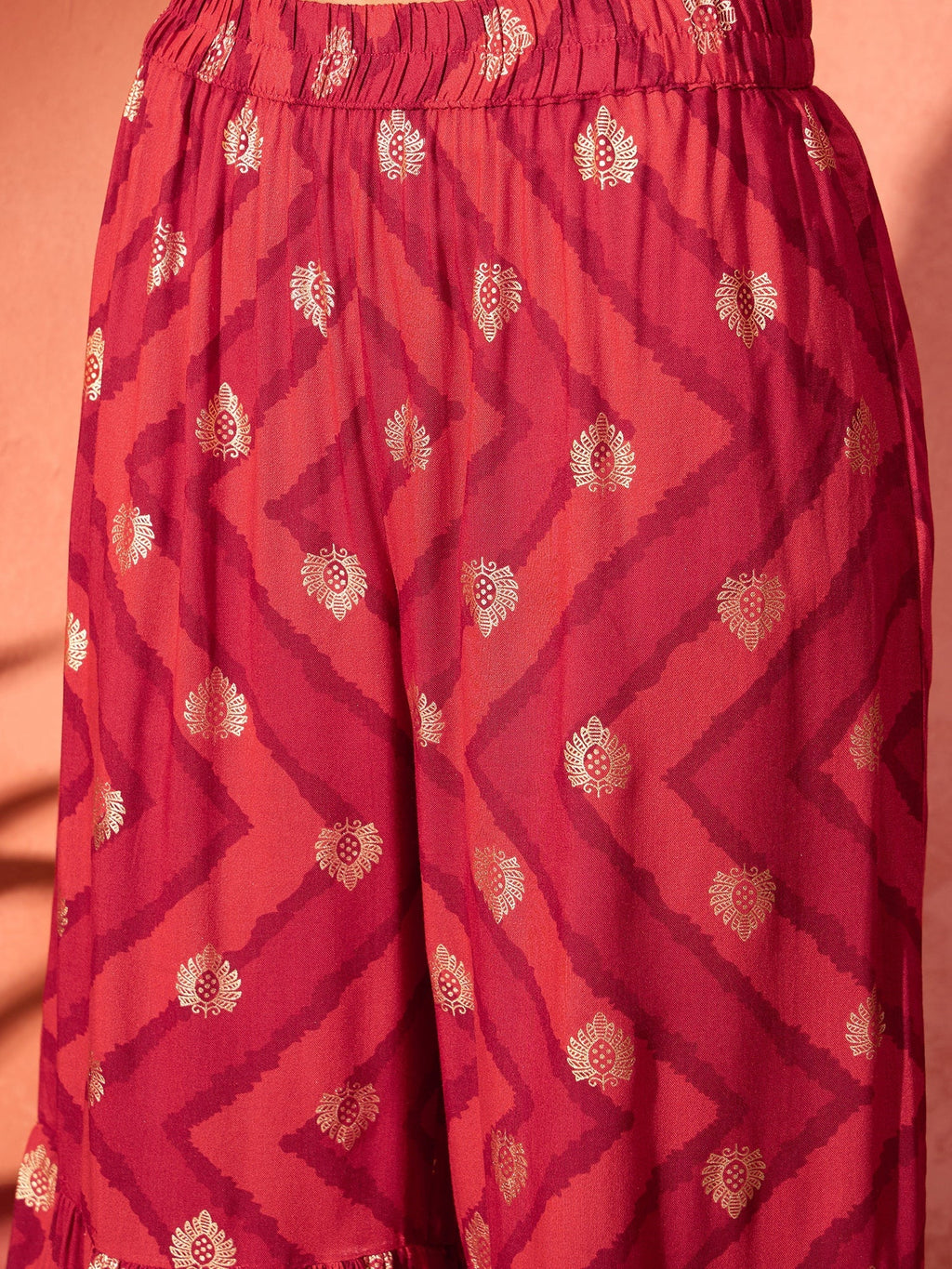 InWeave Maroon Burgundy Foil Boota Round Neck W/S Sharara Set | Grocsy