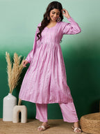 InWeave Lavender Lurex Sweetheart Neck Short Kurta Pant Set | Grocsy