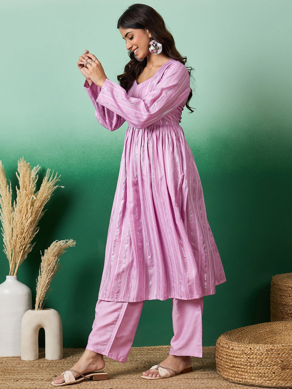 InWeave Lavender Lurex Sweetheart Neck Short Kurta Pant Set | Grocsy