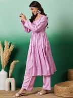 InWeave Lavender Lurex Sweetheart Neck Short Kurta Pant Set | Grocsy