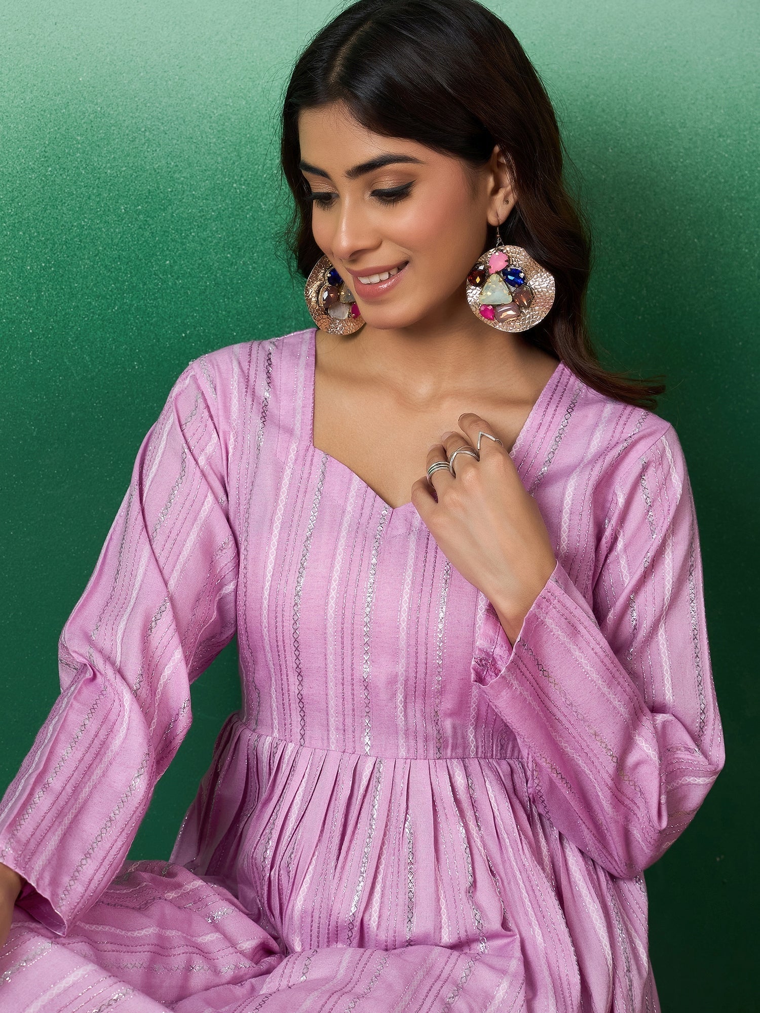 InWeave Lavender Lurex Sweetheart Neck Short Kurta Pant Set | Grocsy