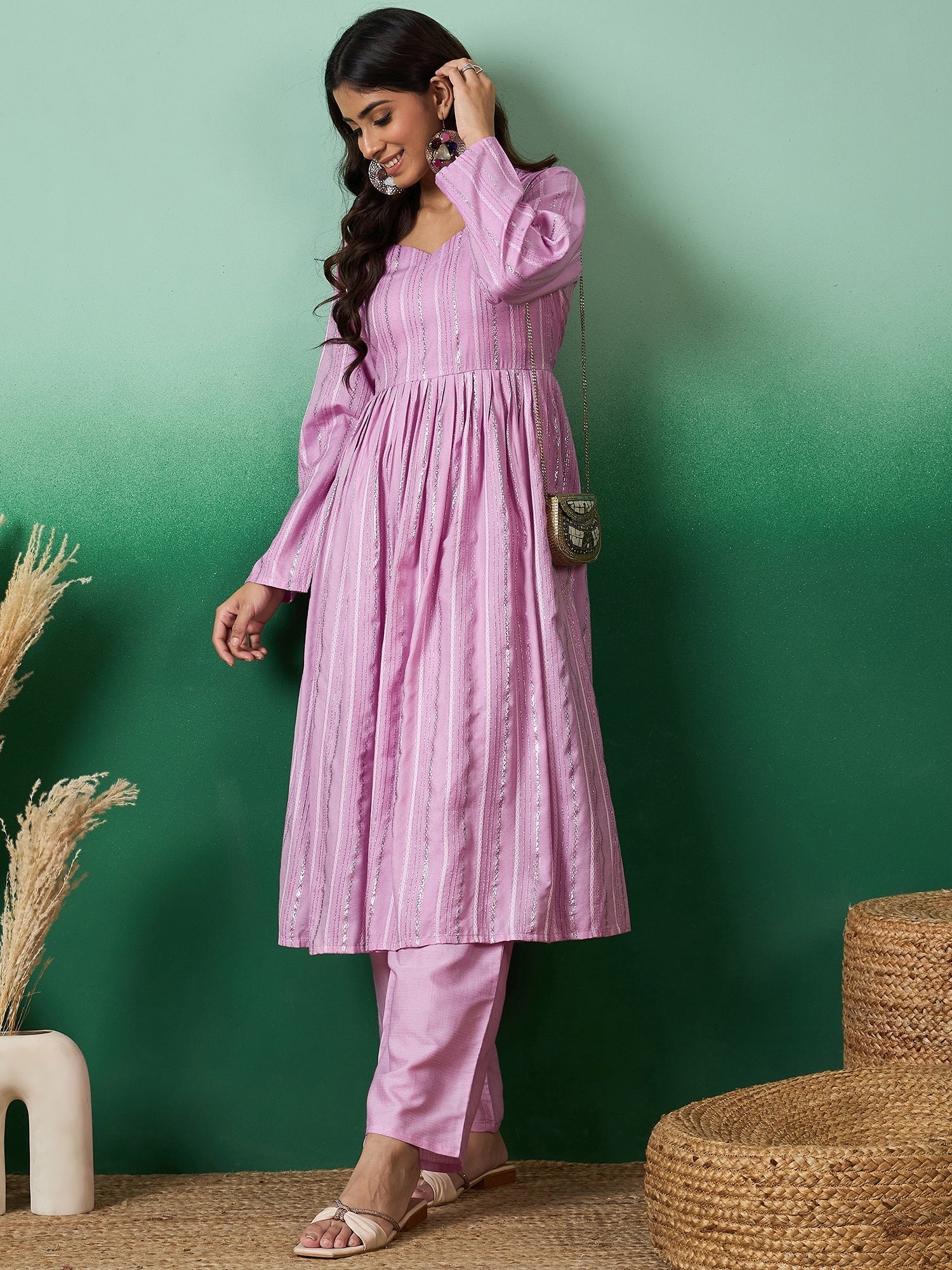 InWeave Lavender Lurex Sweetheart Neck Short Kurta Pant Set | Grocsy