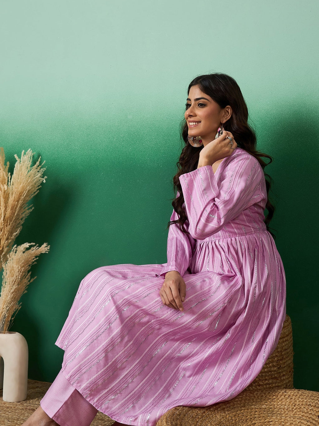 InWeave Lavender Lurex Sweetheart Neck Short Kurta Pant Set | Grocsy