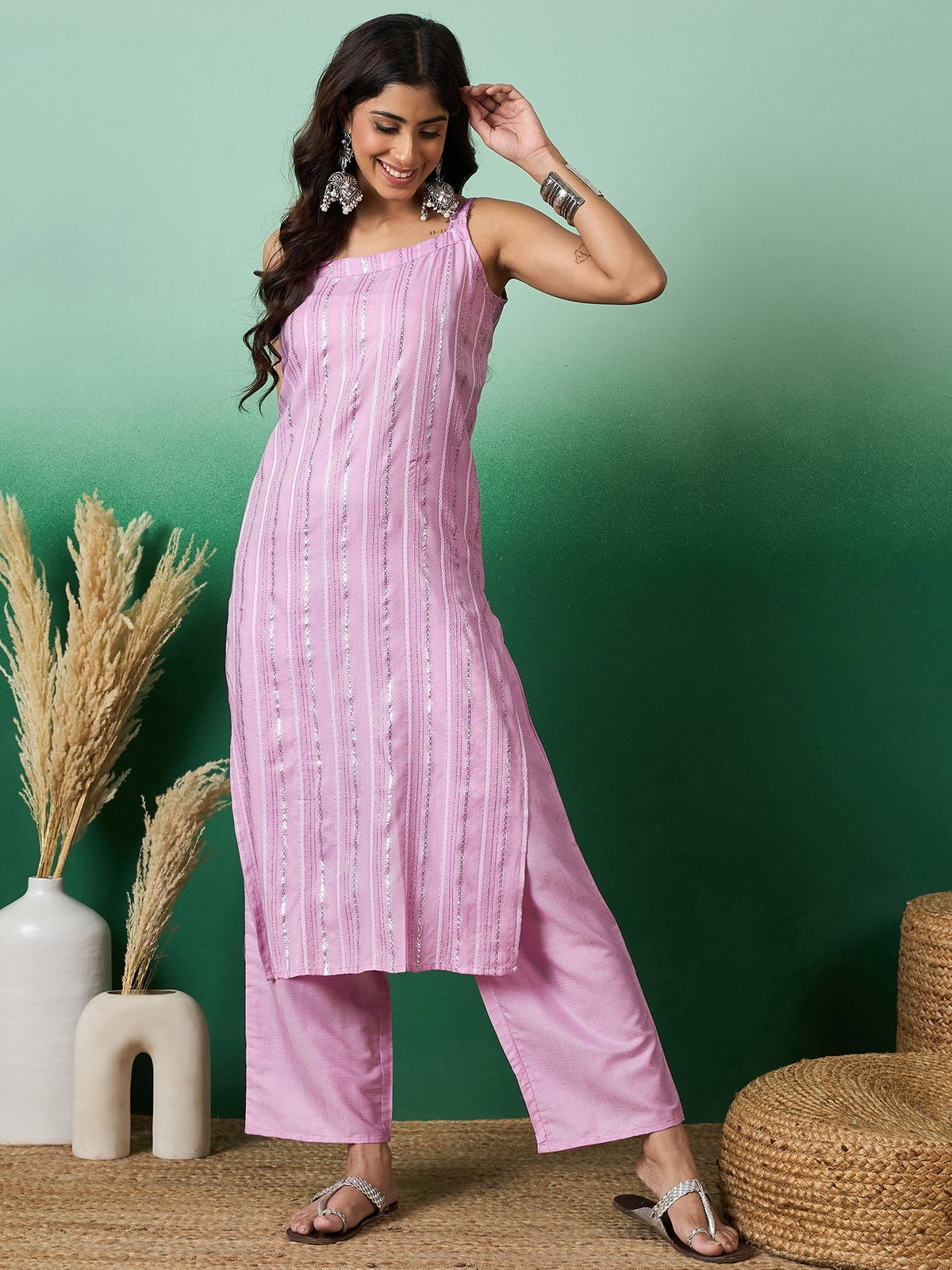 InWeave Lavender Lurex Thick Strappy Straight Kurta Pant Set | Grocsy