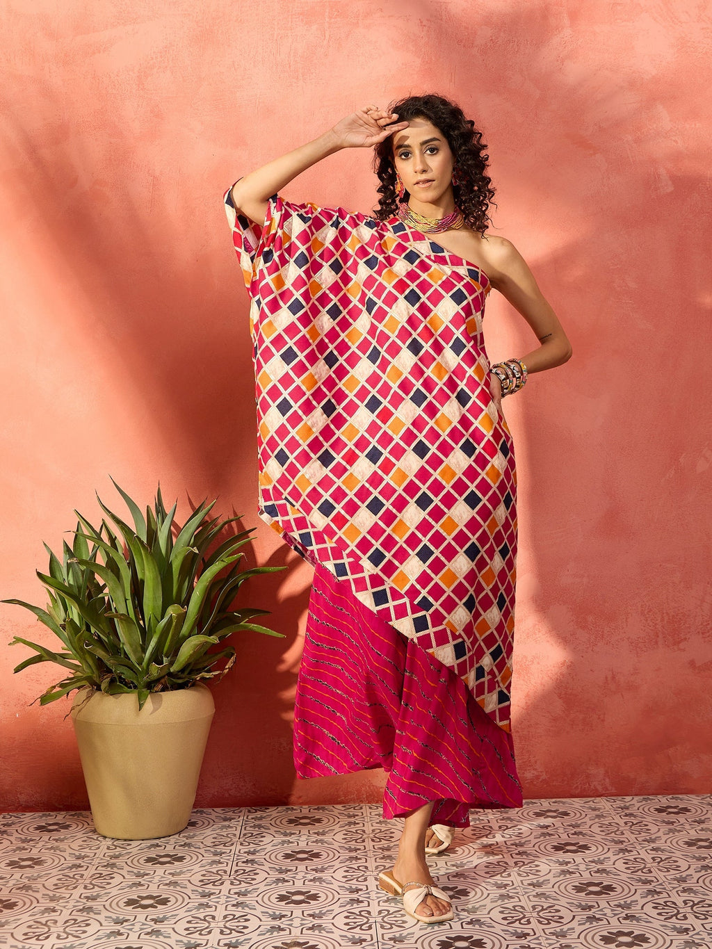 InWeave Fuchsia Multi Check Foil One Shoulder Leh Palazzo Set | Grocsy