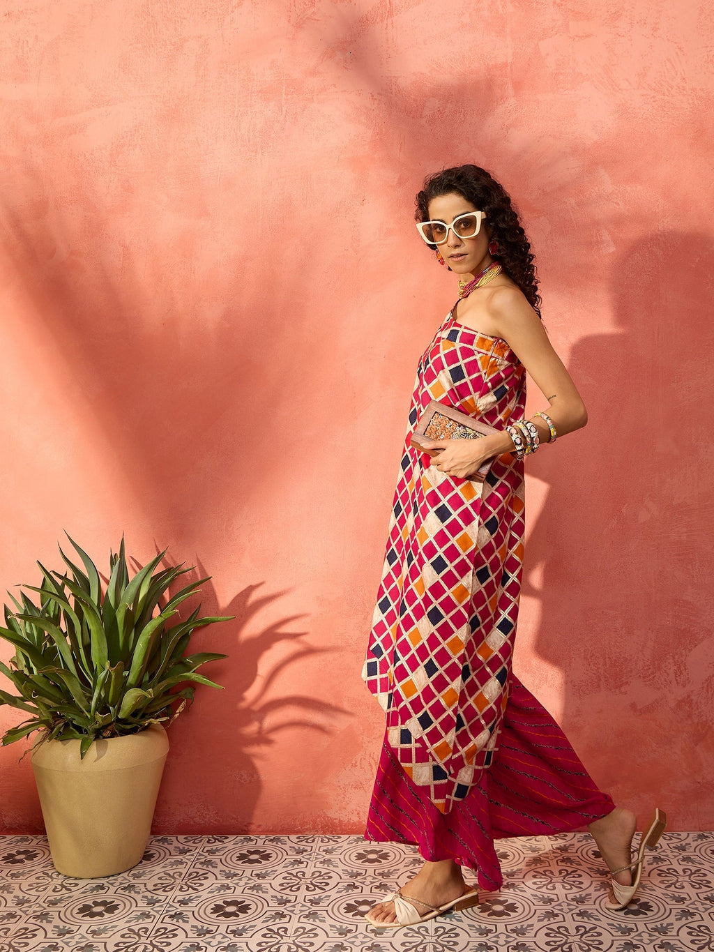 InWeave Fuchsia Multi Check Foil One Shoulder Leh Palazzo Set | Grocsy