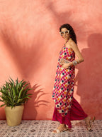 InWeave Fuchsia Multi Check Foil One Shoulder Leh Palazzo Set | Grocsy