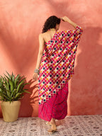 InWeave Fuchsia Multi Check Foil One Shoulder Leh Palazzo Set | Grocsy