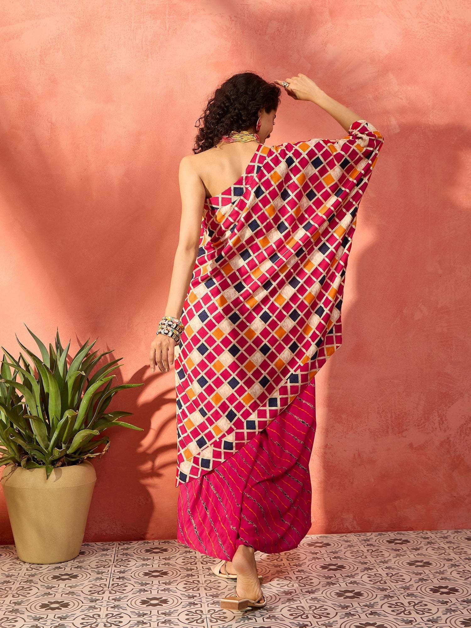 InWeave Fuchsia Multi Check Foil One Shoulder Leh Palazzo Set | Grocsy