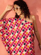 InWeave Fuchsia Multi Check Foil One Shoulder Leh Palazzo Set | Grocsy