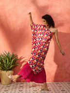 InWeave Fuchsia Multi Check Foil One Shoulder Leh Palazzo Set | Grocsy