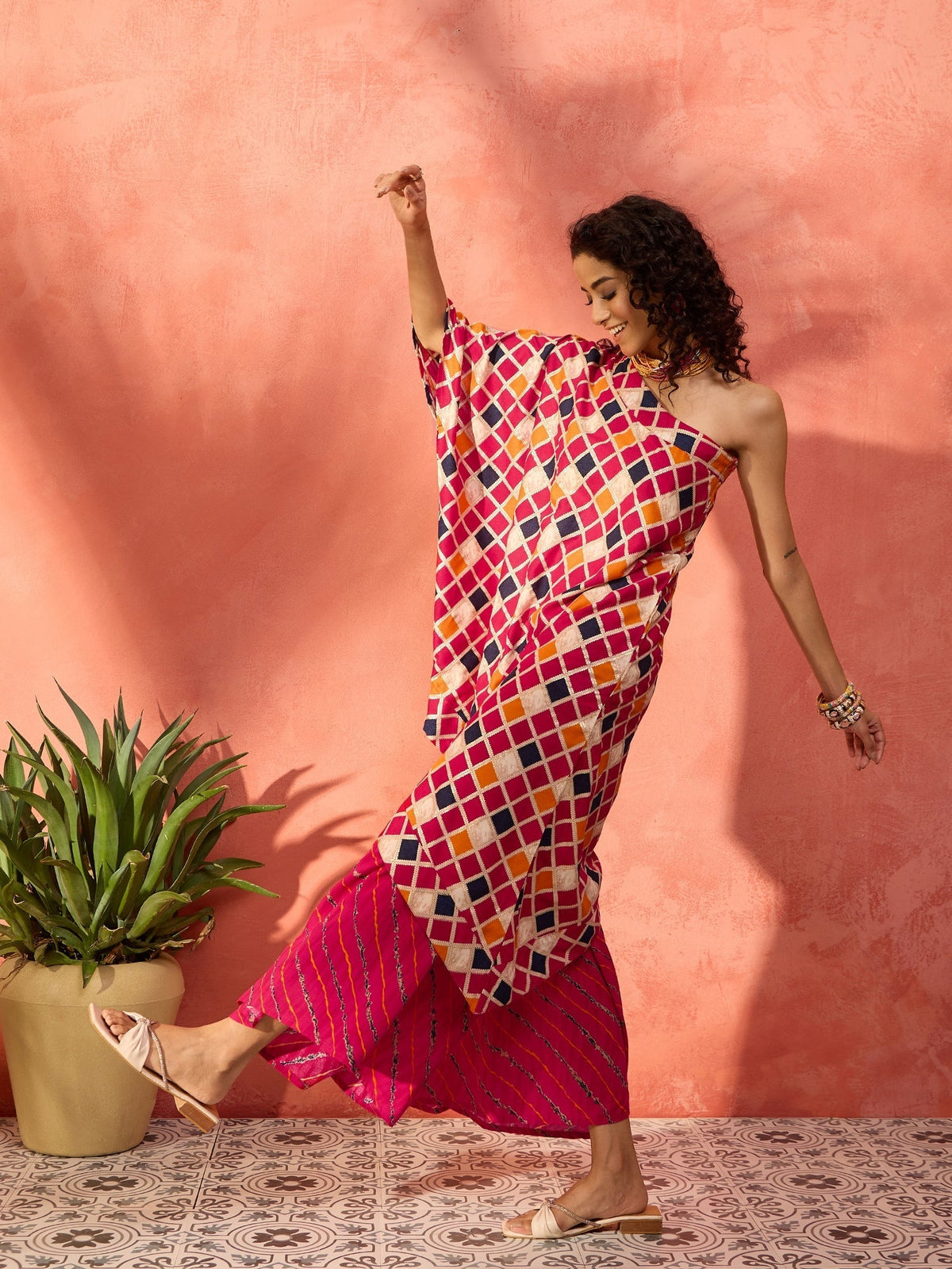 InWeave Fuchsia Multi Check Foil One Shoulder Leh Palazzo Set | Grocsy