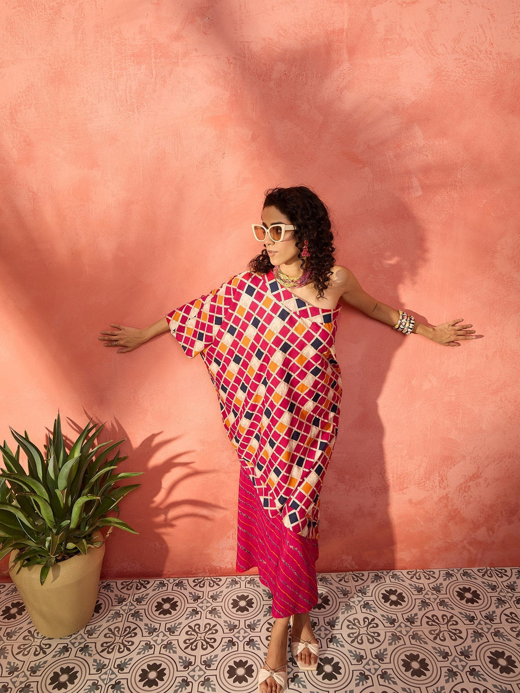 InWeave Fuchsia Multi Check Foil One Shoulder Leh Palazzo Set | Grocsy
