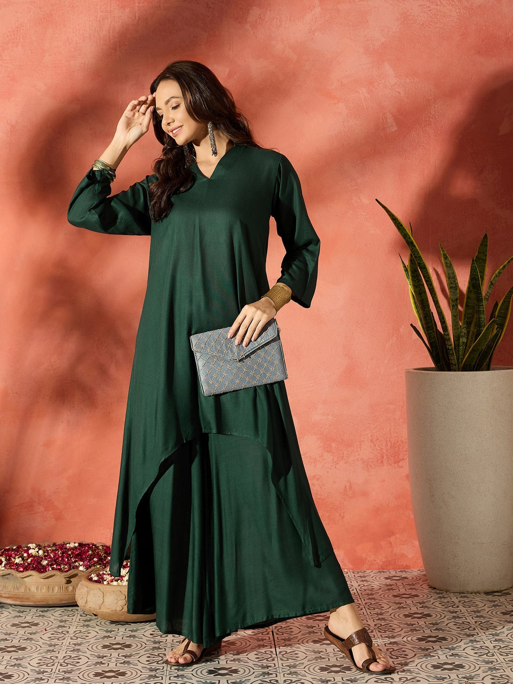 InWeave Dark Green Mandarin Neck High Low Kurta Set | Grocsy
