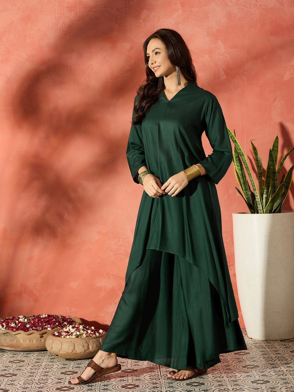 InWeave Dark Green Mandarin Neck High Low Kurta Set | Grocsy