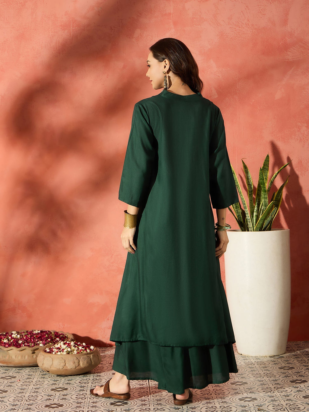 InWeave Dark Green Mandarin Neck High Low Kurta Set | Grocsy
