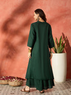 InWeave Dark Green Mandarin Neck High Low Kurta Set | Grocsy