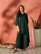 InWeave Dark Green Mandarin Neck High Low Kurta Set | Grocsy