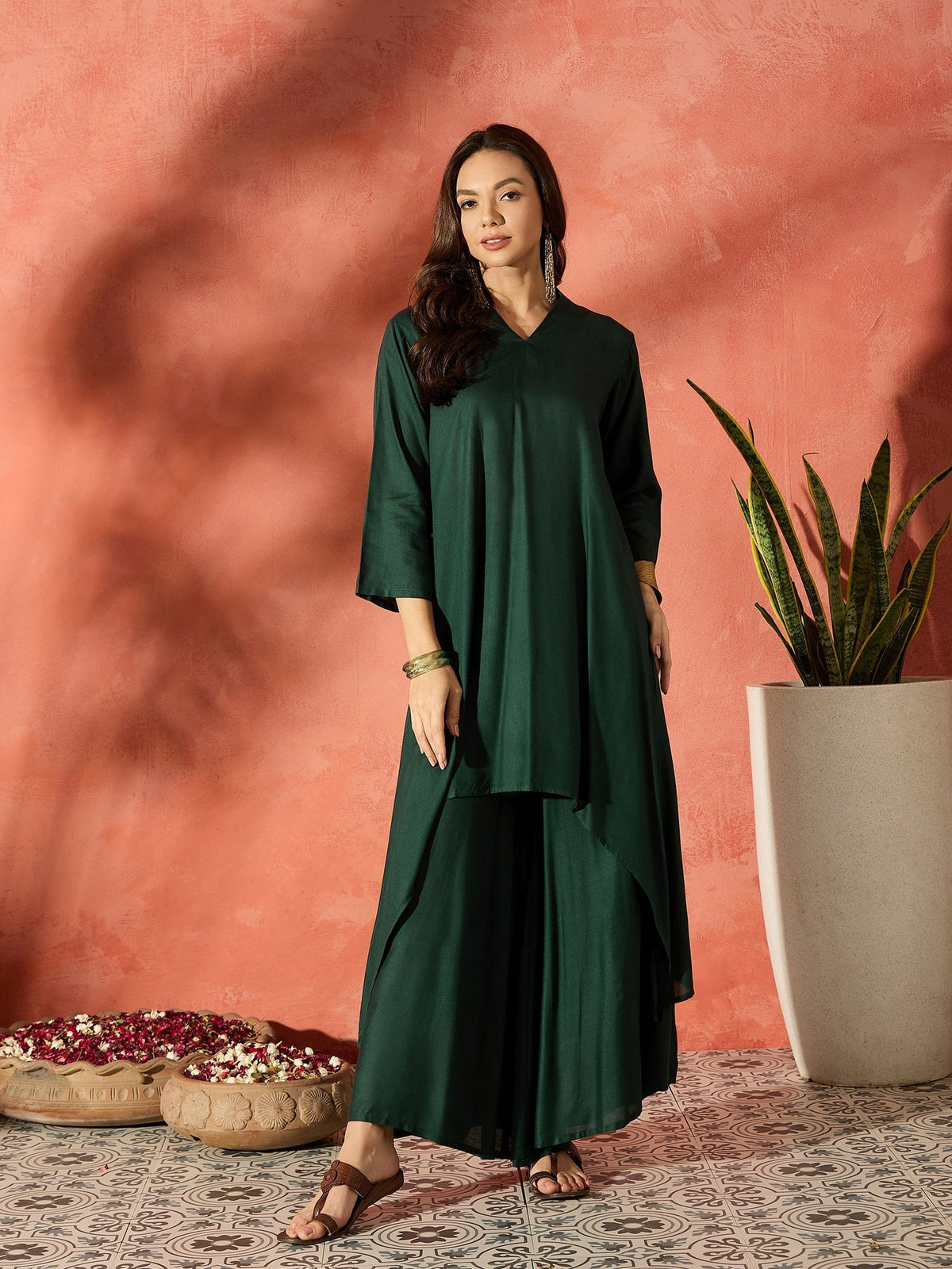 InWeave Dark Green Mandarin Neck High Low Kurta Set | Grocsy