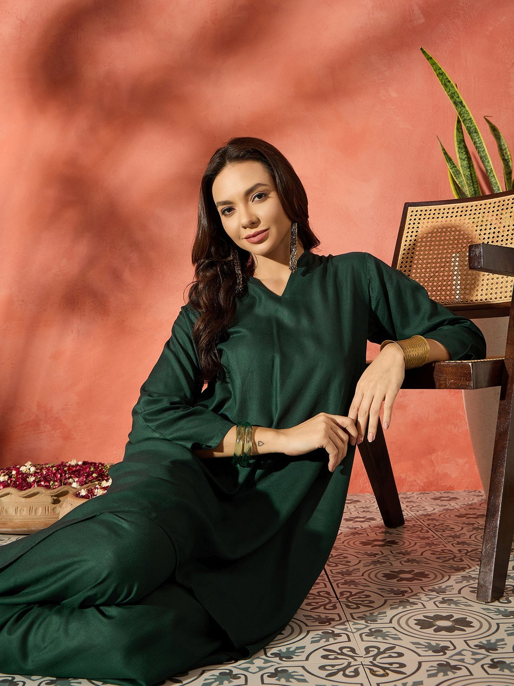 InWeave Dark Green Mandarin Neck High Low Kurta Set | Grocsy