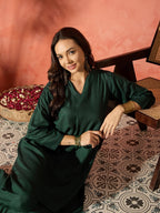 InWeave Dark Green Mandarin Neck High Low Kurta Set | Grocsy