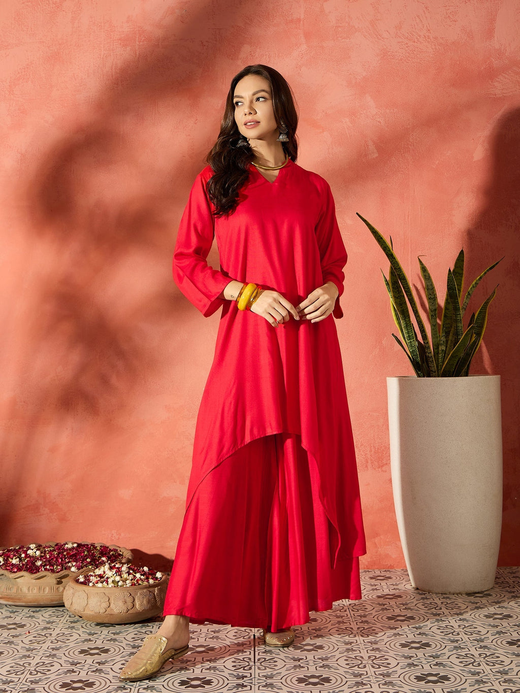 InWeave Red Mandarin Neck High Low Kurta Set | Grocsy