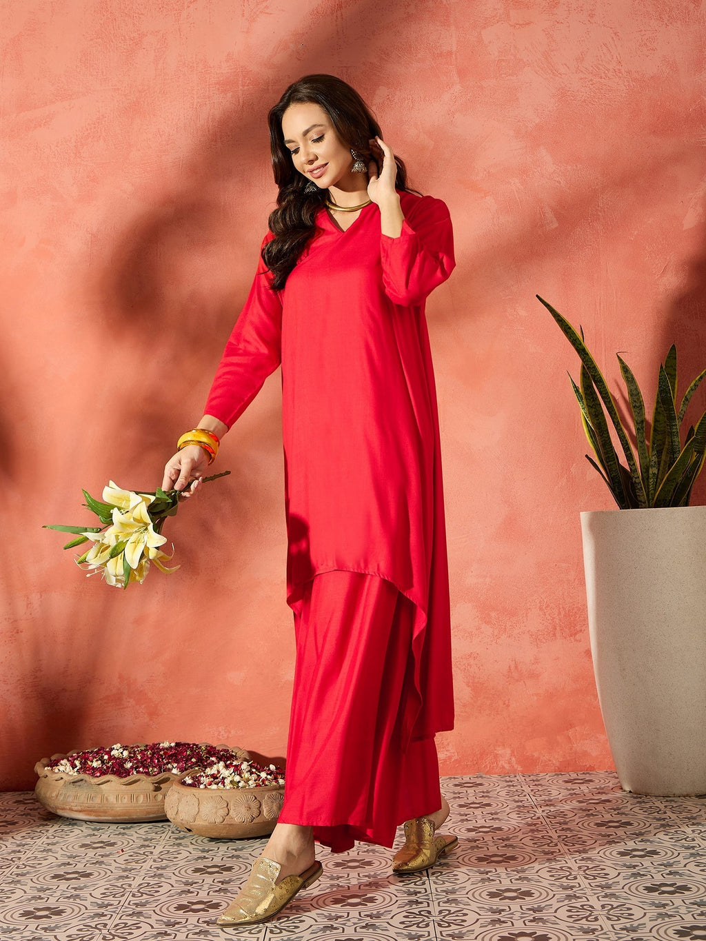 InWeave Red Mandarin Neck High Low Kurta Set | Grocsy