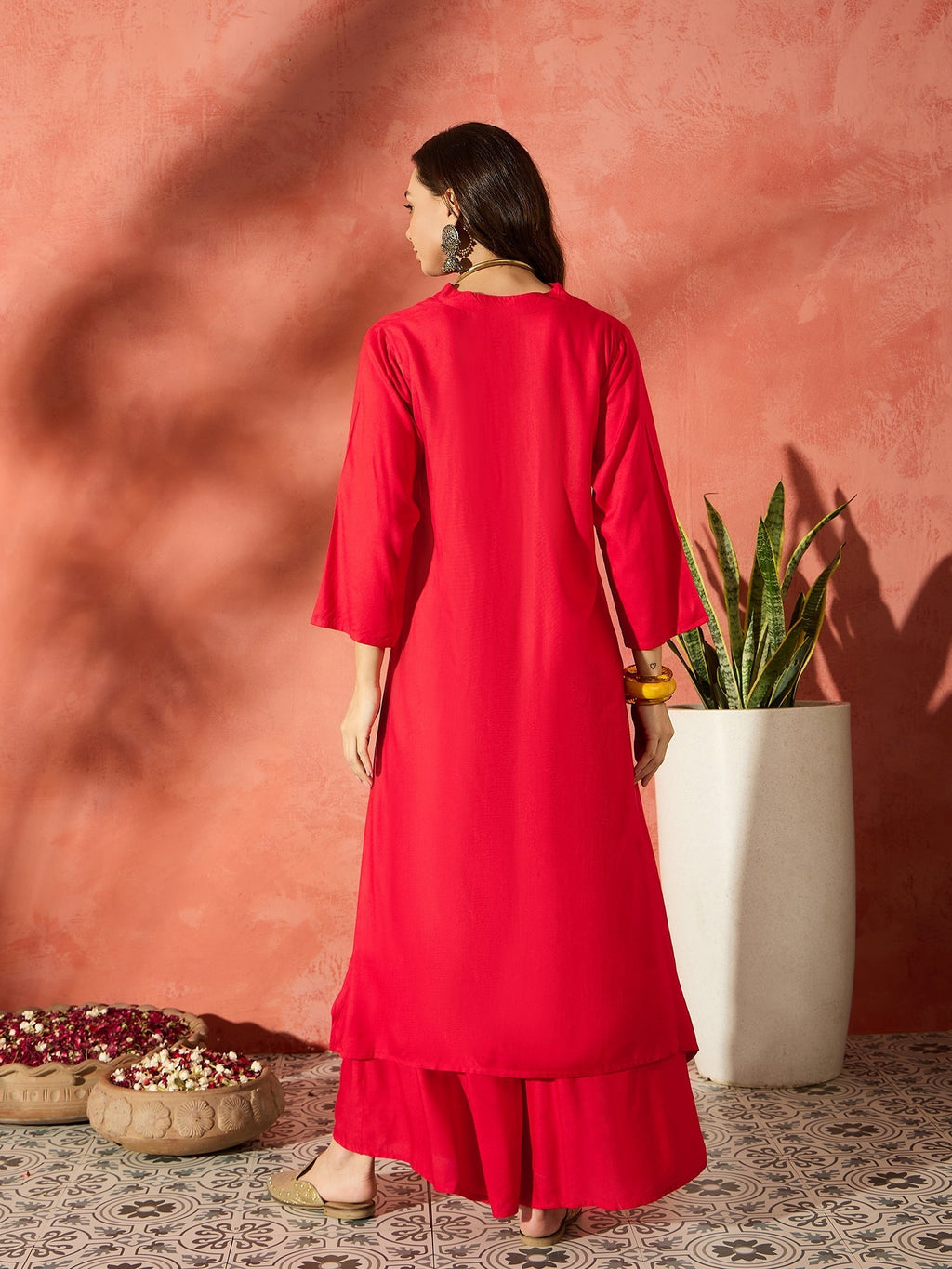 InWeave Red Mandarin Neck High Low Kurta Set | Grocsy