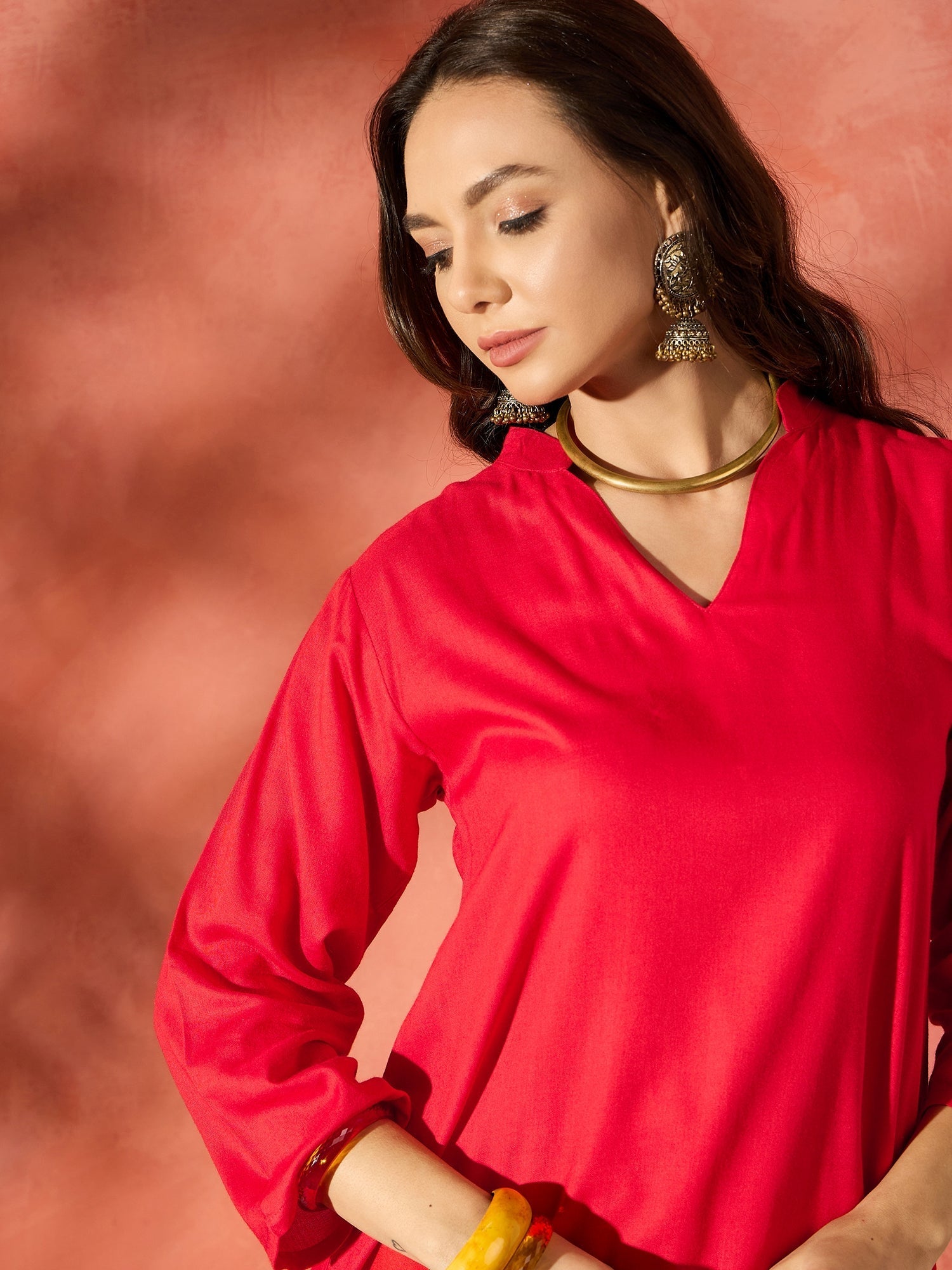 InWeave Red Mandarin Neck High Low Kurta Set | Grocsy