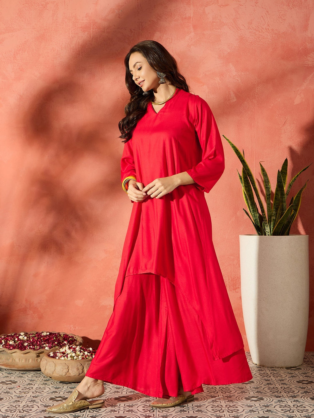 InWeave Red Mandarin Neck High Low Kurta Set | Grocsy