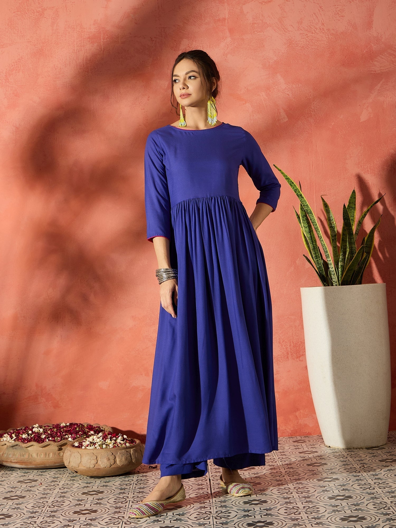 InWeave Ink Blue Long Anarkali Kurta Pant Set | Grocsy