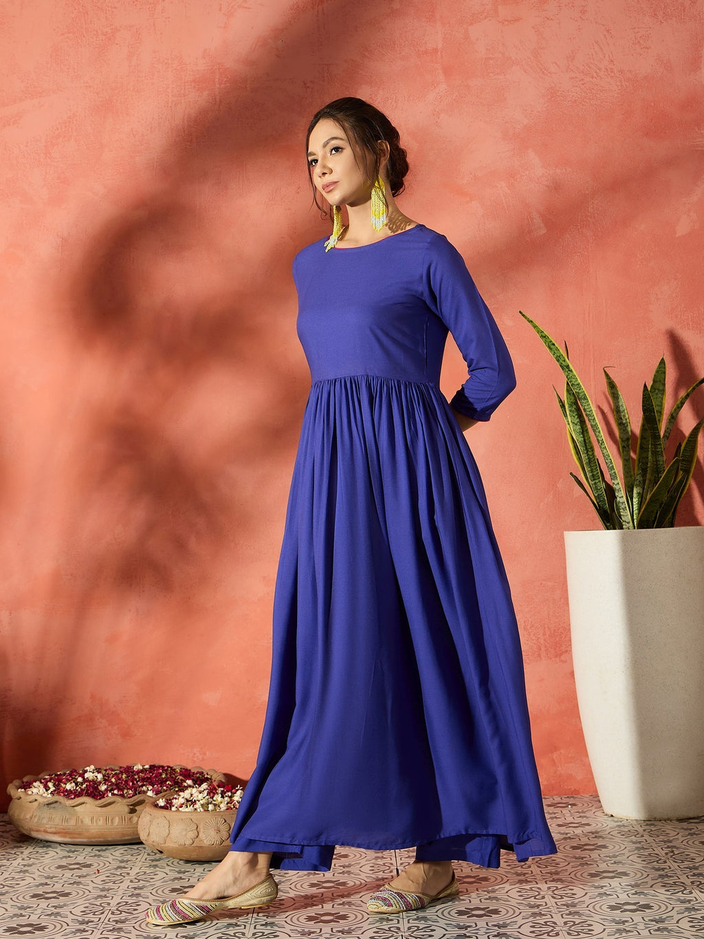 InWeave Ink Blue Long Anarkali Kurta Pant Set | Grocsy