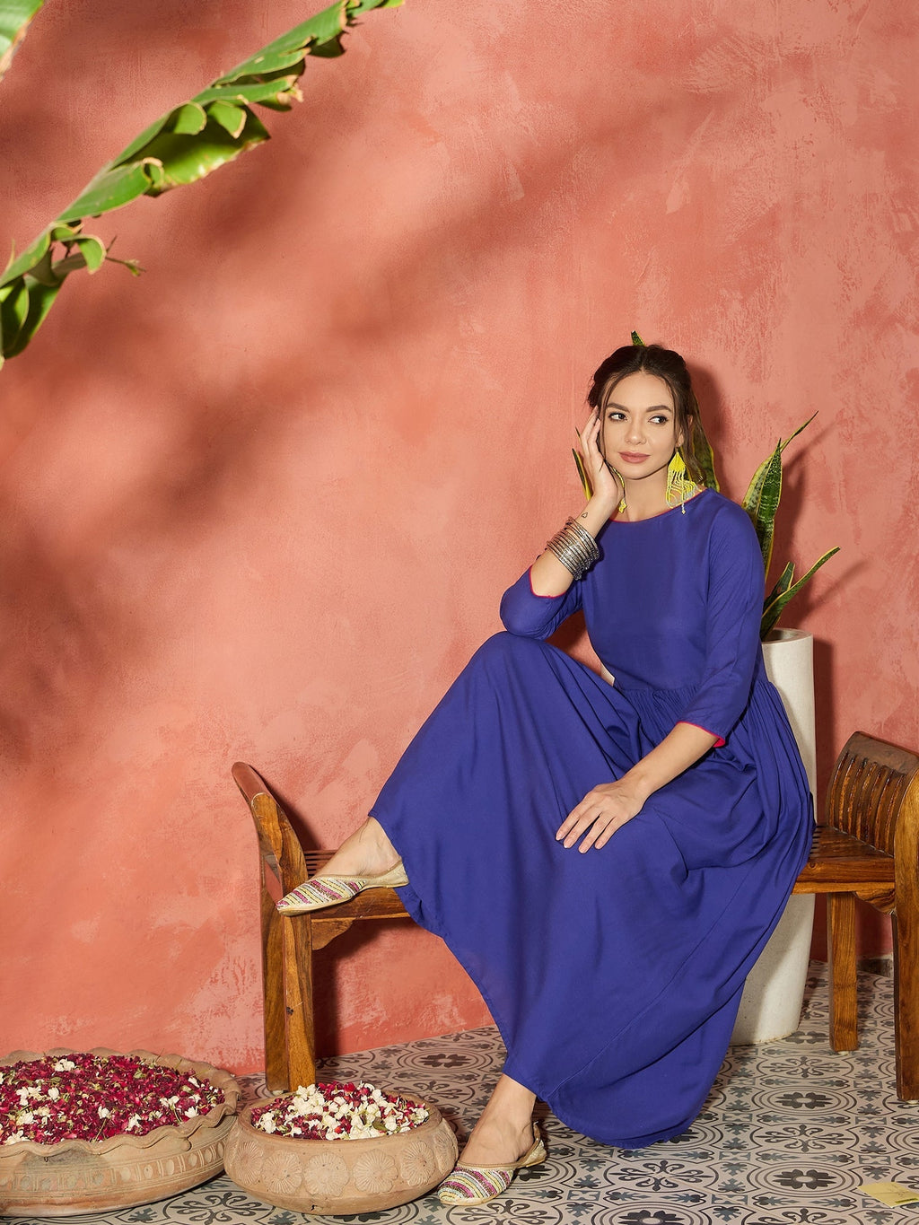 InWeave Ink Blue Long Anarkali Kurta Pant Set | Grocsy