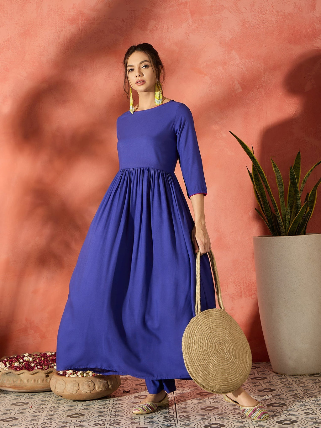 InWeave Ink Blue Long Anarkali Kurta Pant Set | Grocsy