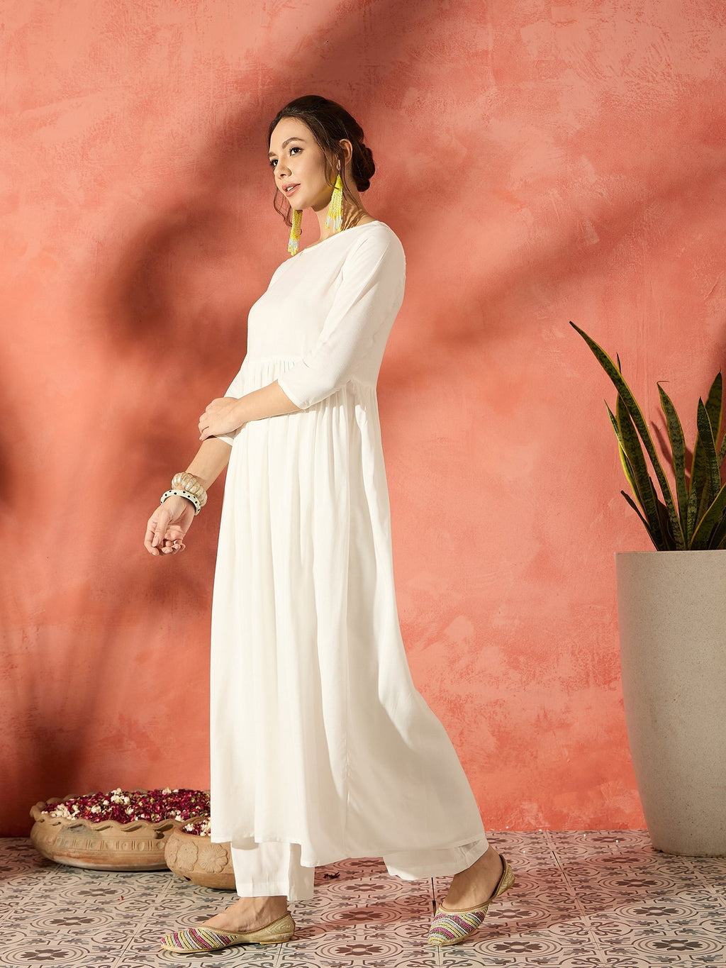 InWeave White Long Anarkali Kurta Pant Set | Grocsy