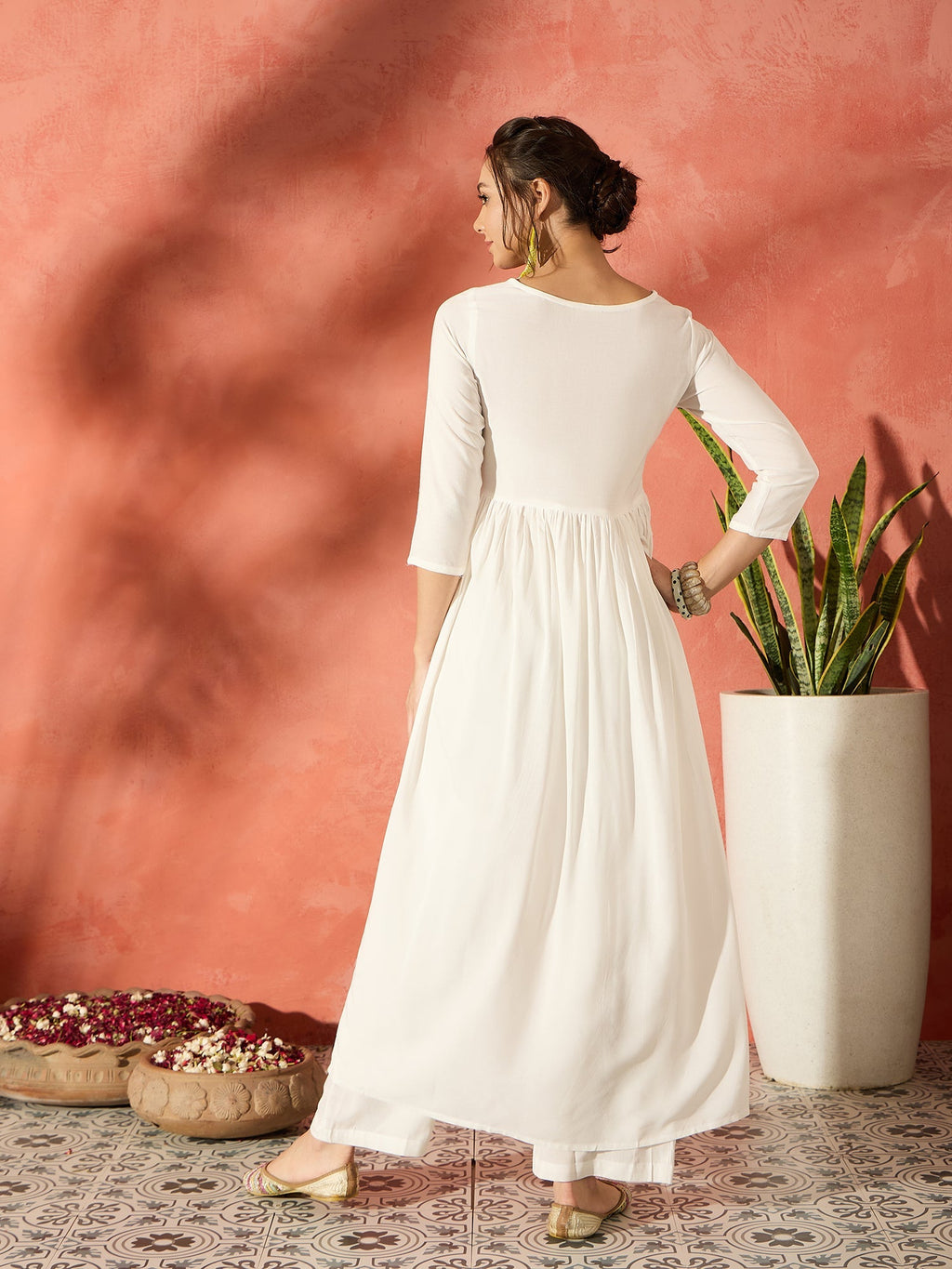 InWeave White Long Anarkali Kurta Pant Set | Grocsy