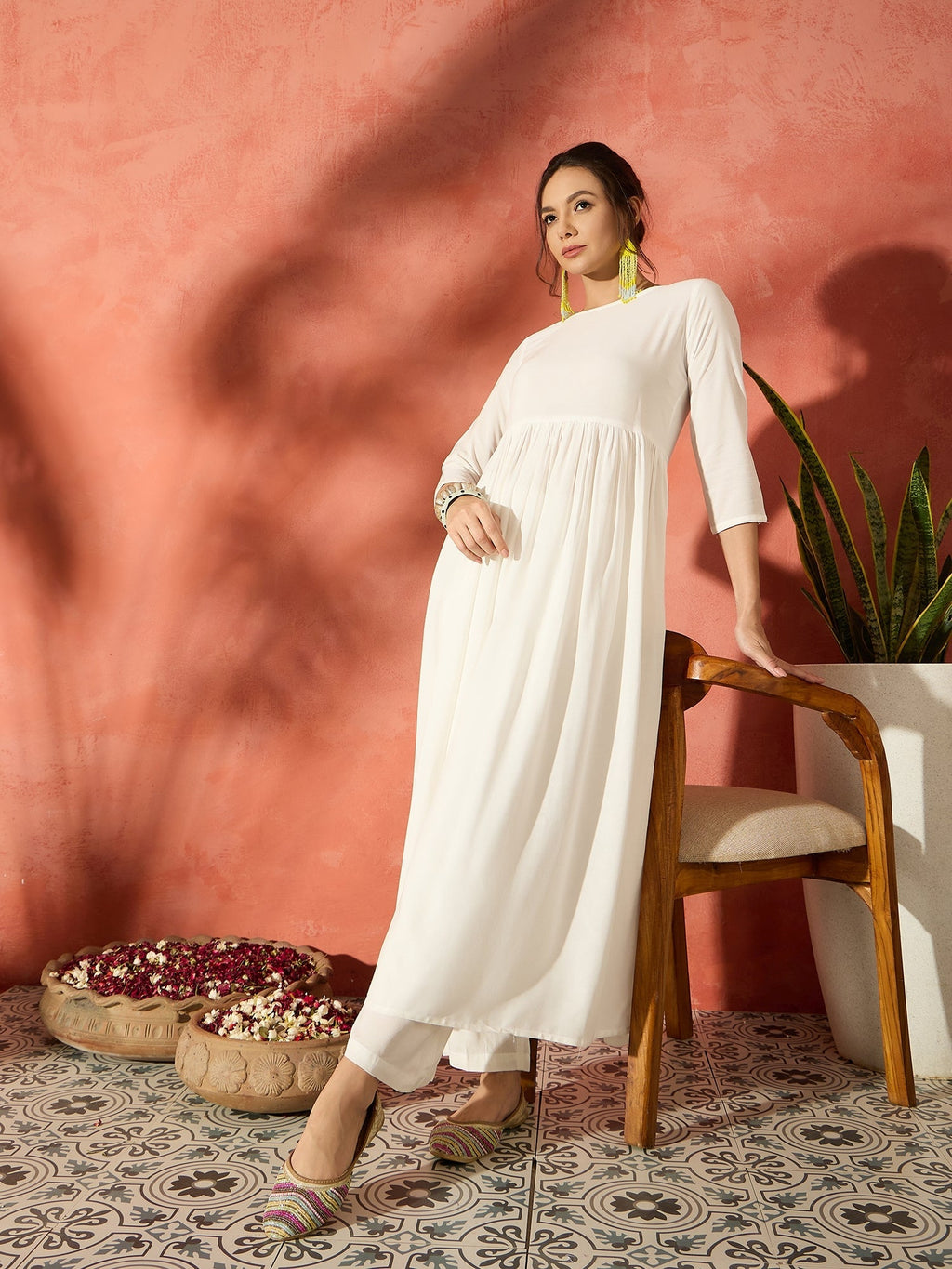 InWeave White Long Anarkali Kurta Pant Set | Grocsy