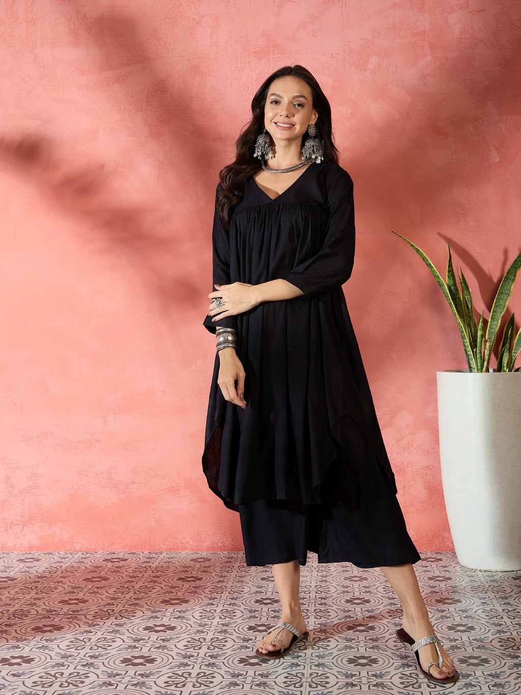 InWeave Black V-Neck Flared Kurta Short Palazzo Set | Grocsy
