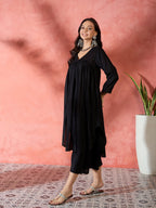 InWeave Black V-Neck Flared Kurta Short Palazzo Set | Grocsy