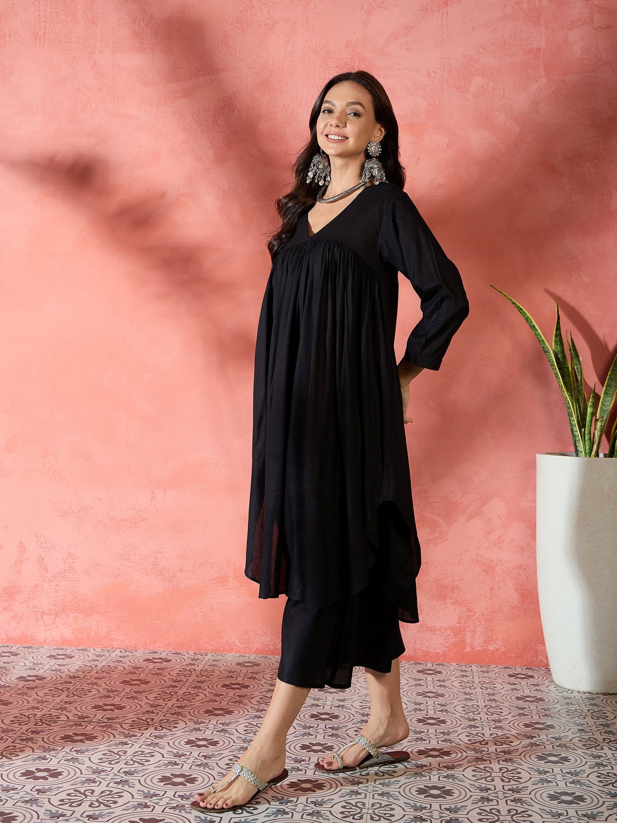 InWeave Black V-Neck Flared Kurta Short Palazzo Set | Grocsy