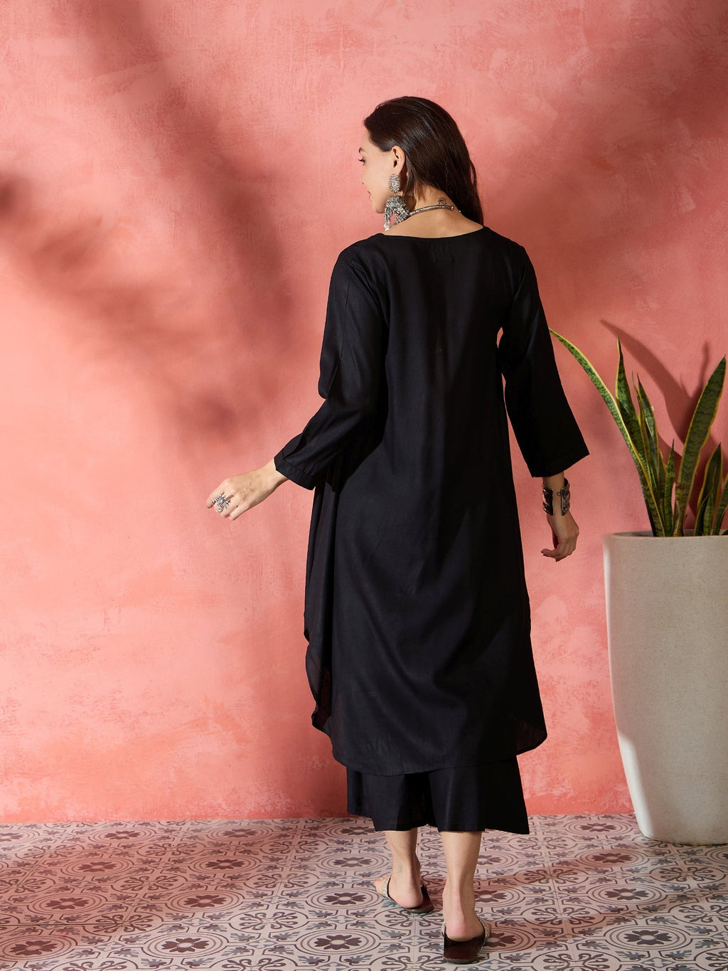 InWeave Black V-Neck Flared Kurta Short Palazzo Set | Grocsy