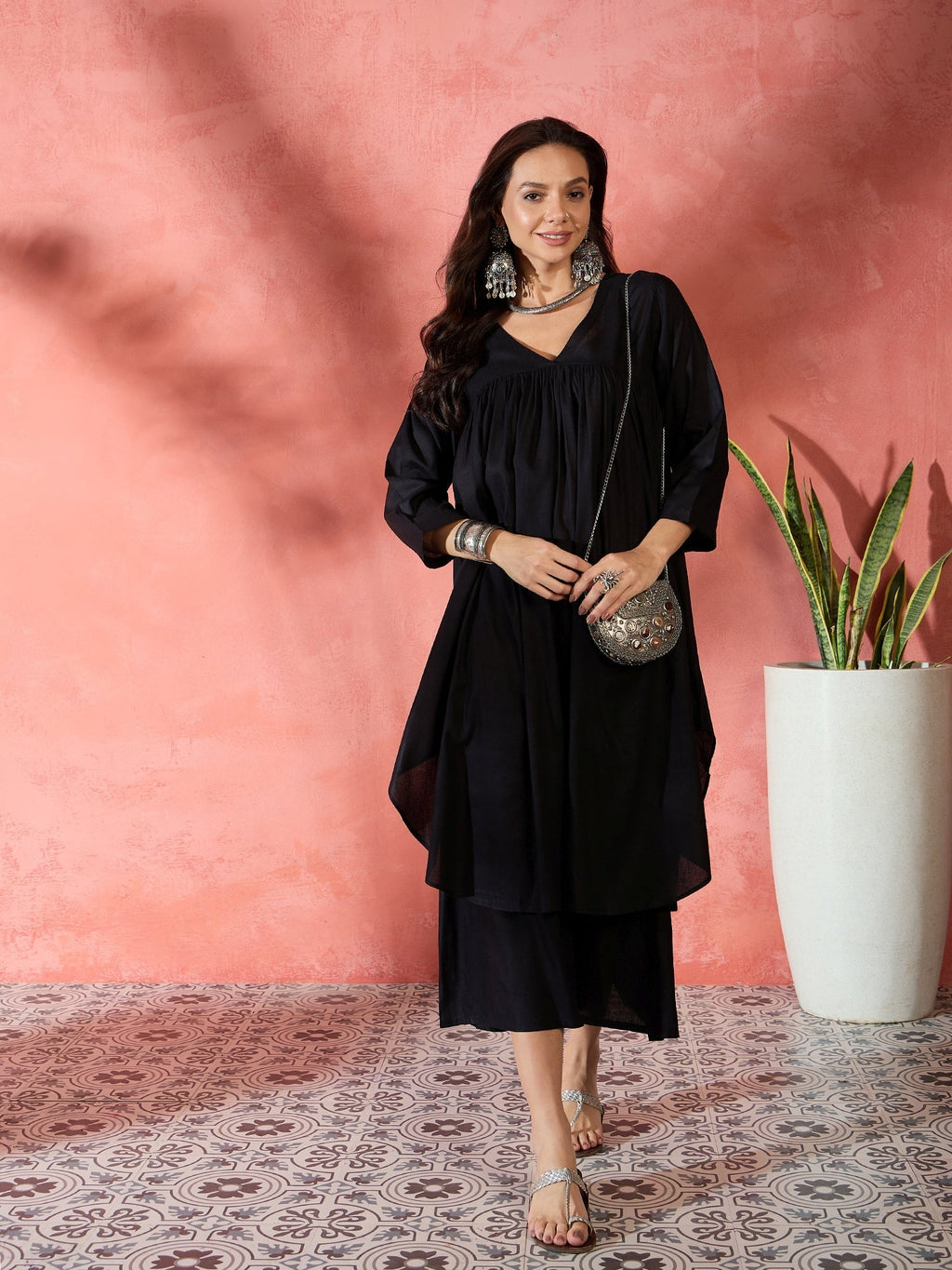 InWeave Black V-Neck Flared Kurta Short Palazzo Set | Grocsy