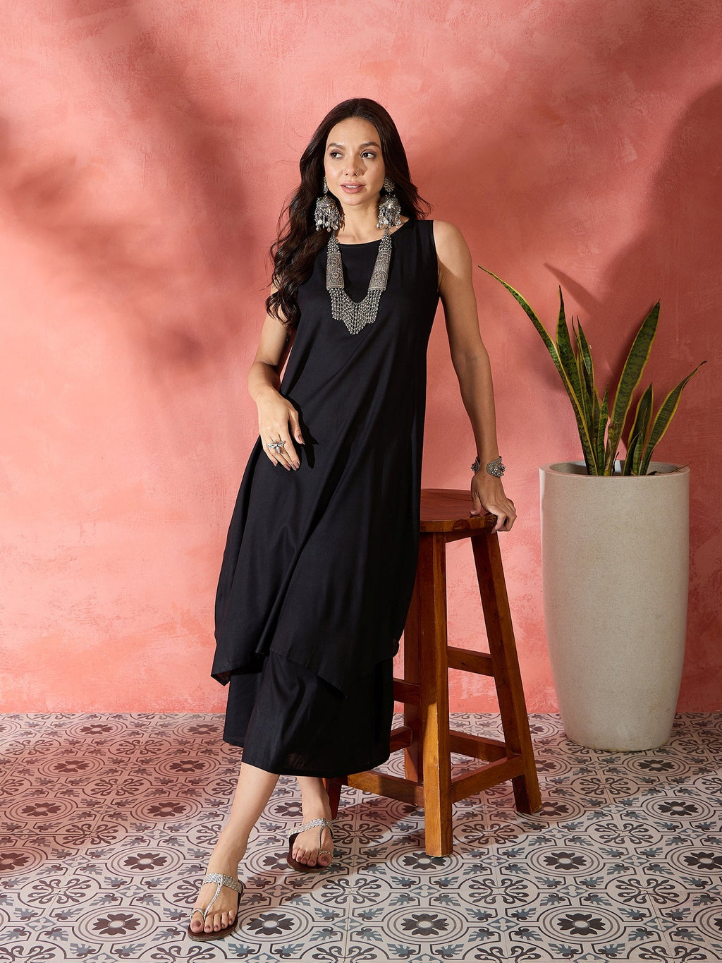 InWeave Black Kurta Short Palazzo Set | Grocsy