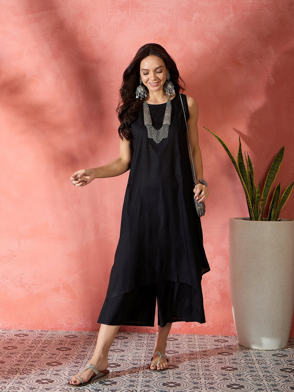 InWeave Black Kurta Short Palazzo Set | Grocsy