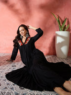 InWeave Black Solid Flared Lace Kurta Pant Set | Grocsy