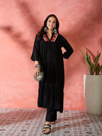 InWeave Black Solid Flared Lace Kurta Pant Set | Grocsy