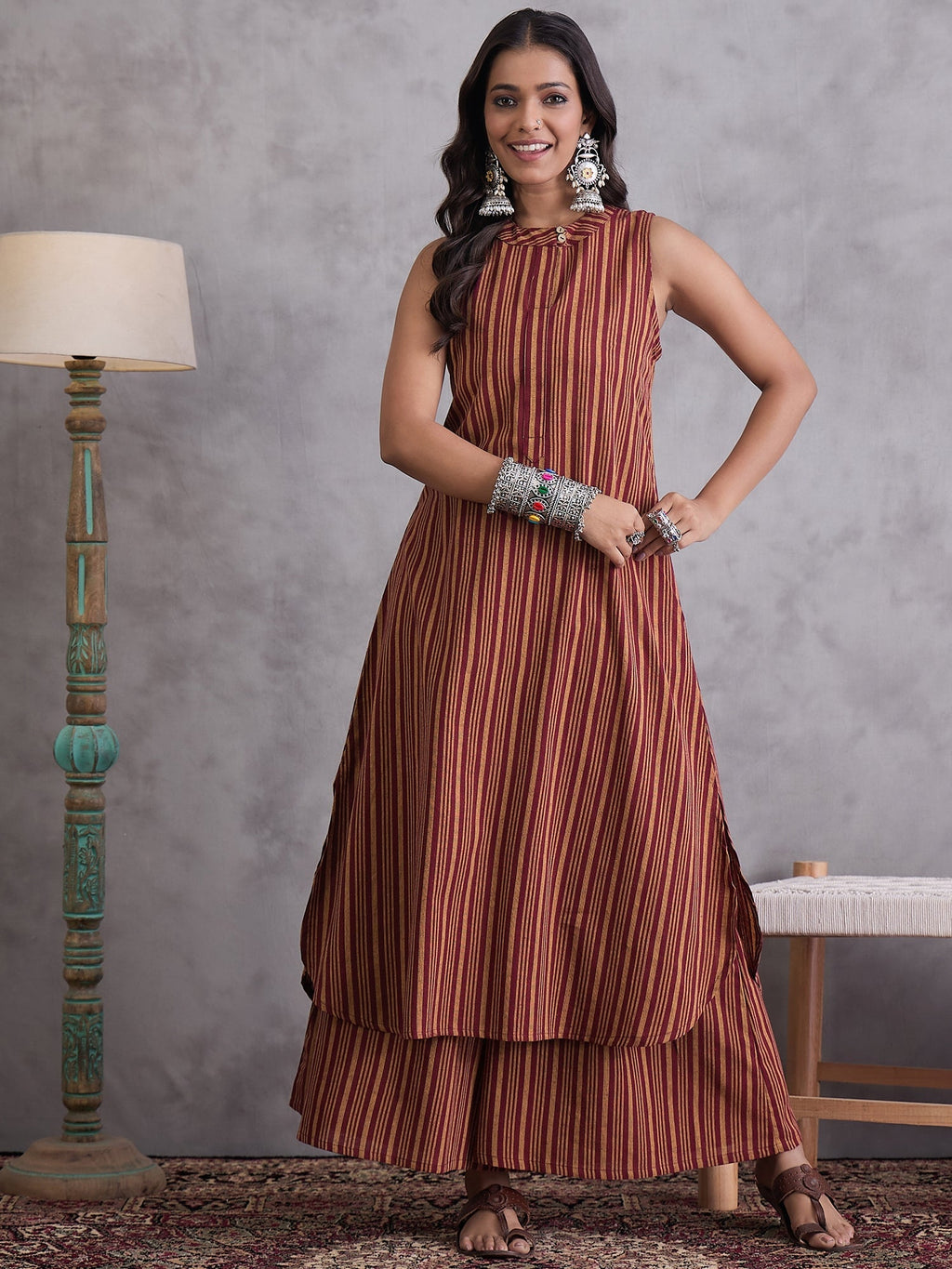 InWeave Maroon Orange Striped Kurta Set | Grocsy