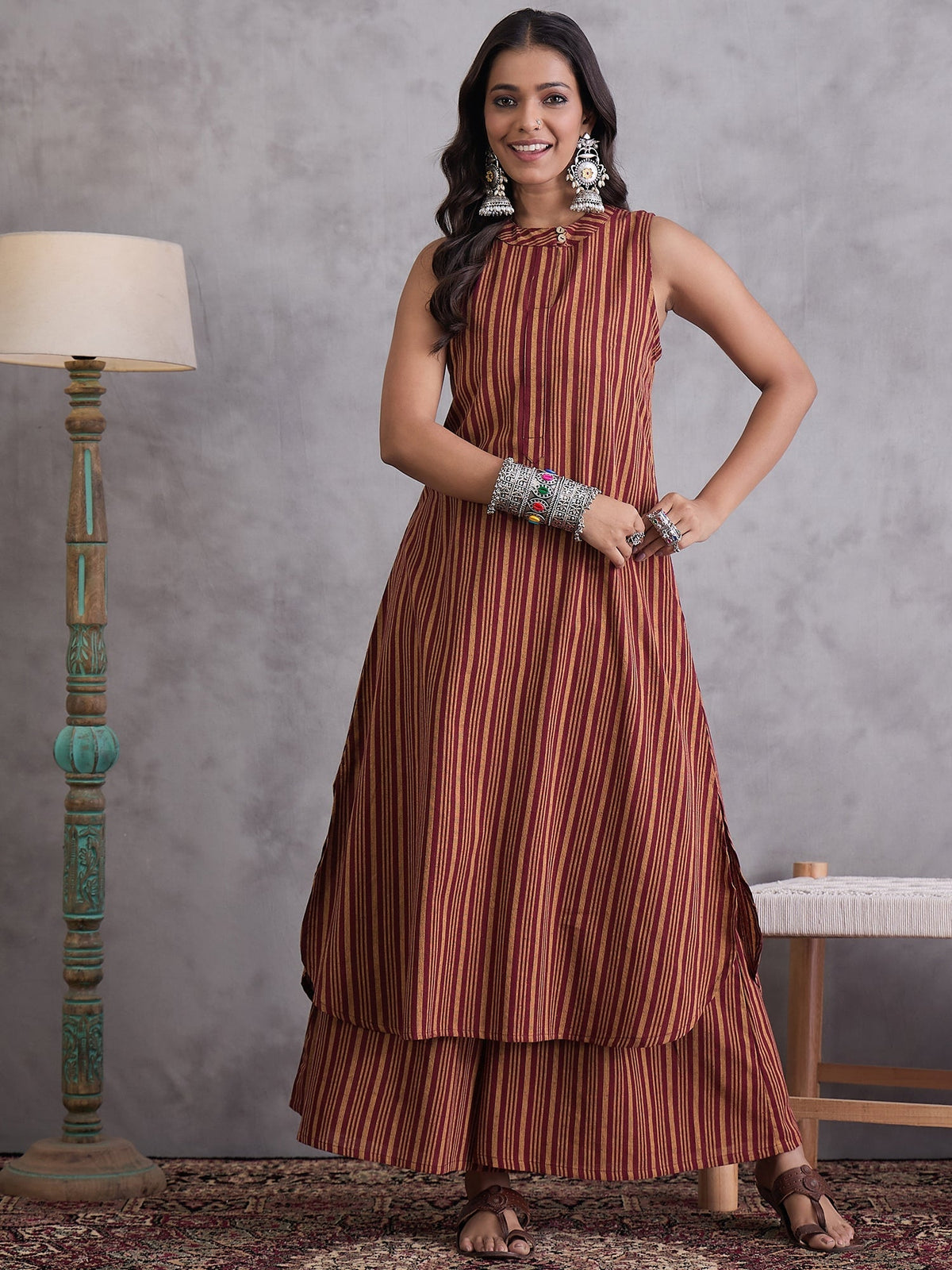 InWeave Maroon Orange Striped Kurta Set | Grocsy