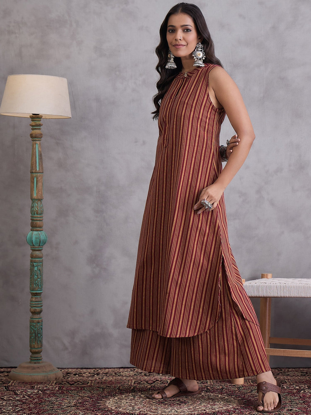 InWeave Maroon Orange Striped Kurta Set | Grocsy
