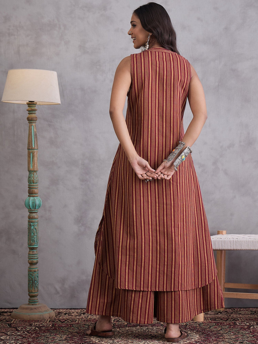 InWeave Maroon Orange Striped Kurta Set | Grocsy